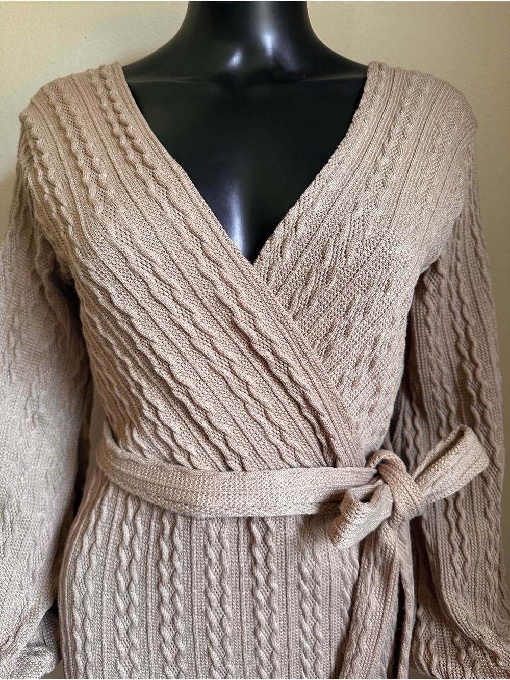 Windsor Cable-Knit Wrap Dress in Taupe - Picture 3 of 13